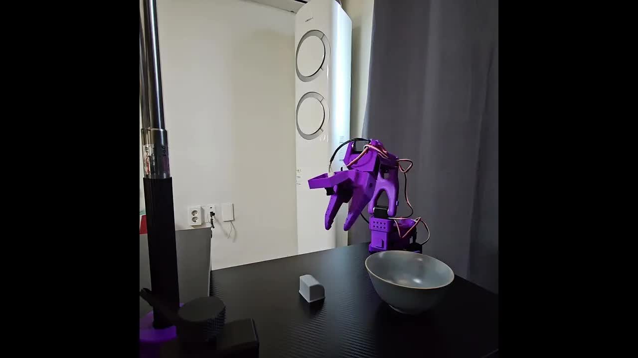 A trained robot arm picking up an object and placing it in a bowl