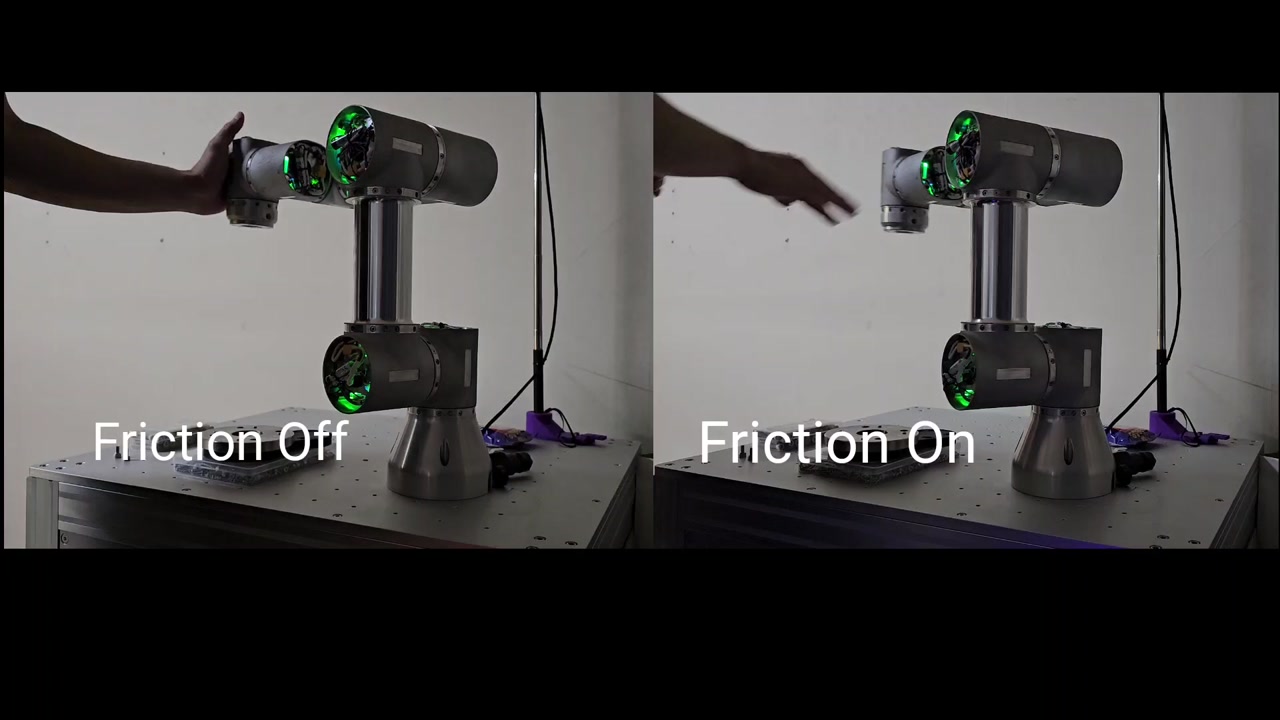Side-by-side real robot motion with friction compensation off and on